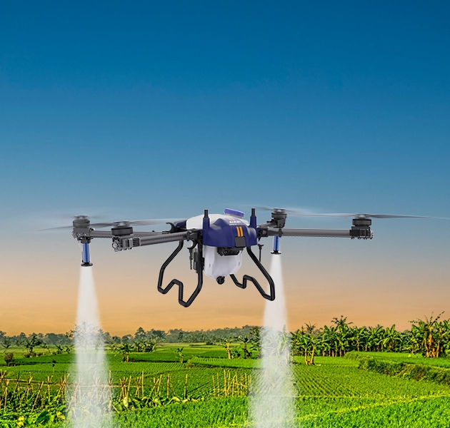 view of green coloured grass or farm where agricultural drone is spraying water onto them