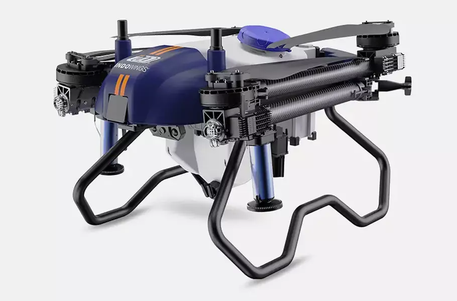 Agriculture Drone with different series in black and white colored and there is water can fit in it of white colored has placed on white colored background