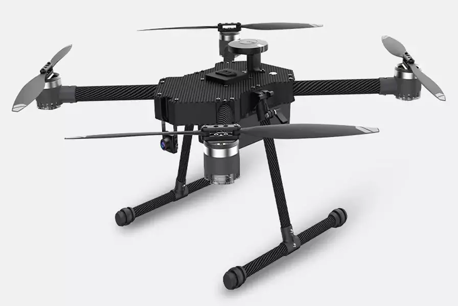 cyberone max drone in black and grey coloured has placed on white floor and background